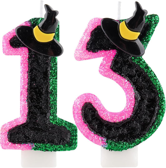 Birthday Number 13 Candles for Cake, Pink Green Black Party Decorations, Witch Birthday Party Decorations for Girls, Pink Green Birthday Candles, Cake Candle, Party Candle