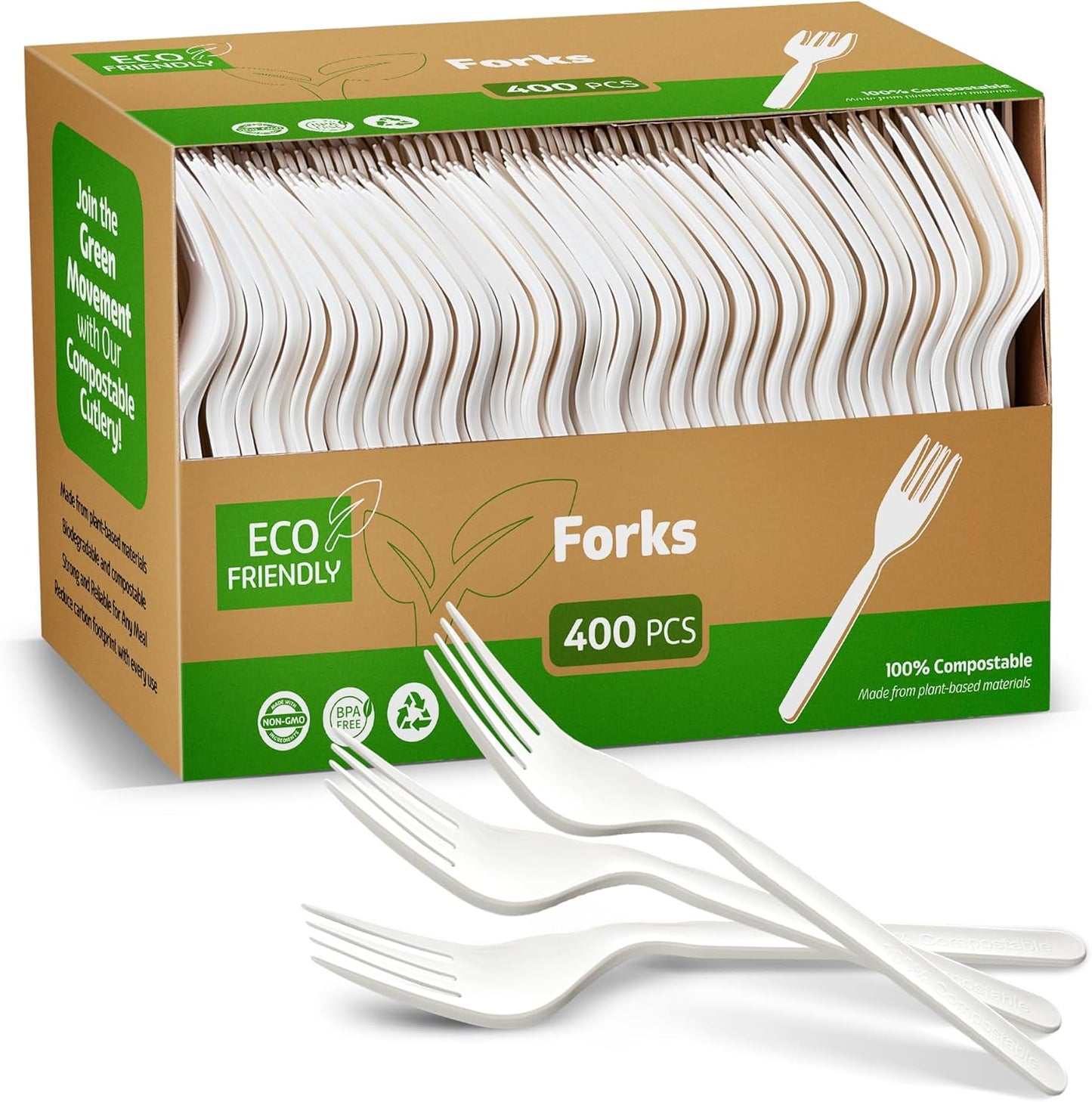 100% Compostable PLA Forks Bulk Pack 400 Pcs Biodegradable Disposable Plastic Cutlery Utensils