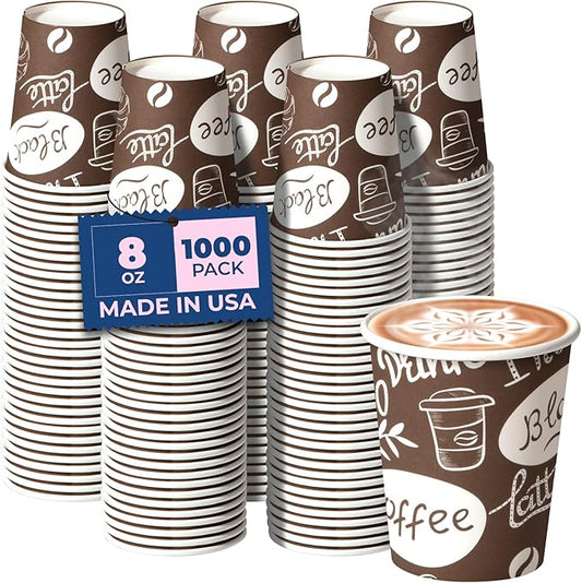 Fit Meal Prep 8 oz Coffee Cups 1000 Count, Leak-Proof Hot Cup, Disposable Paper Coffee Cup Bulk for Hot/Cold Beverage, Durable Thickened Paper Cups for Party, Office, Bussines, Home, Bistros
