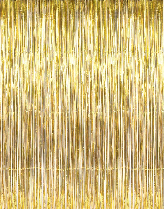 GOER 3.2 ft x 9.8 ft Metallic Tinsel Foil Fringe Curtains,Party Streamer Backdrop for Birthday,Graduation Decorations and New Year Eve (2 Pcs,Gold)