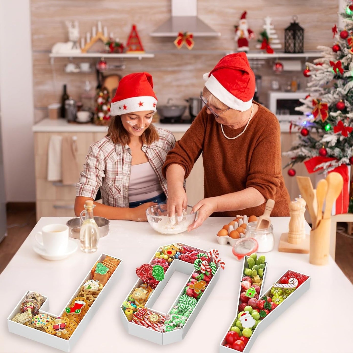 JOY Letters for Christmas Party Decorations, 13.7 Inch Charcuterie Cardboard Letters Fillable Paper Mache Letter Trays for Cookies Candy Cake Food Display Letter Box for Xmas New Year Holiday Party