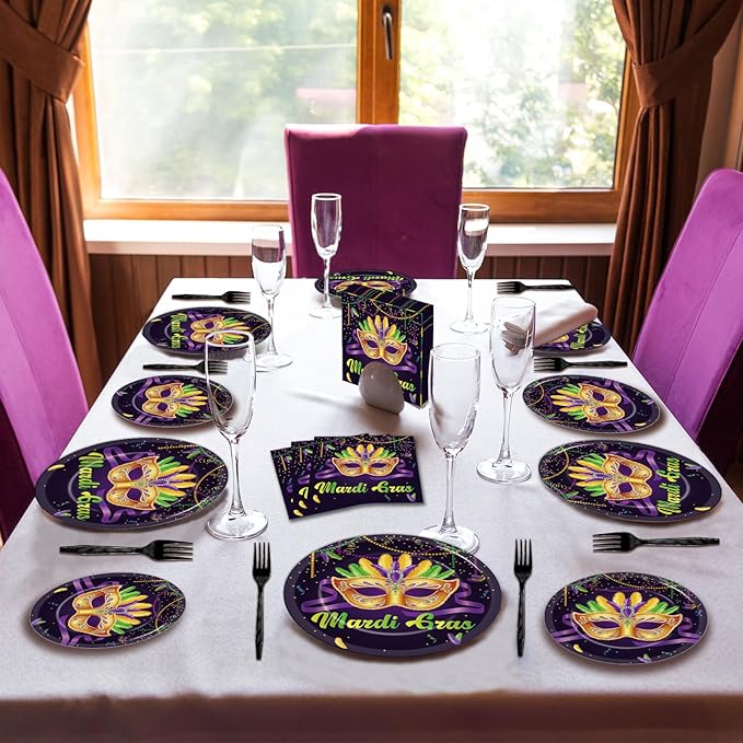 OBUSATT 96Pcs Mardi Gras Party Supplies Mardi Gras Paper Plates Napkins Forks Black Masquerade Mask Dinnerware Disposable New Orleans Party Decorations MardiGrass Tableware Serves 24