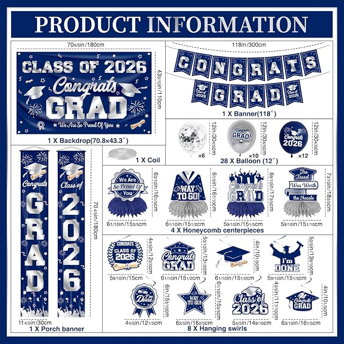 Graduation Decorations Class of 2026 Blue and Silver Graduation Party Decor Set include Congrats Grad Banner Backdrop Class of 2026 Balloons Party Supplies