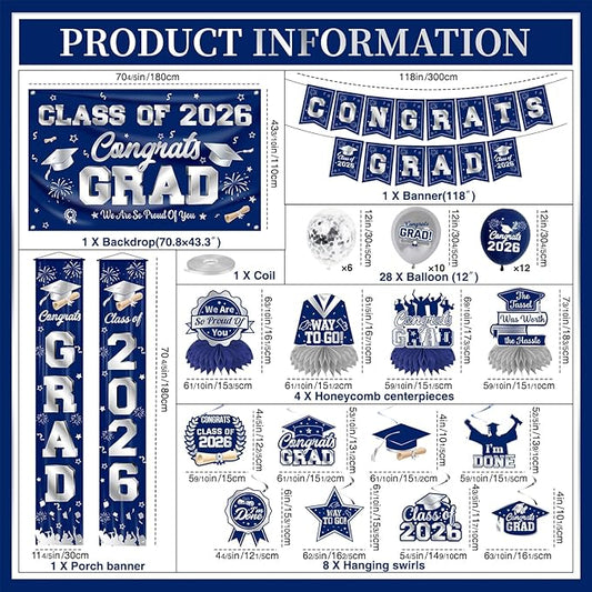 Graduation Decorations Class of 2026 Blue and Silver Graduation Party Decor Set include Congrats Grad Banner Backdrop Class of 2026 Balloons Party Supplies