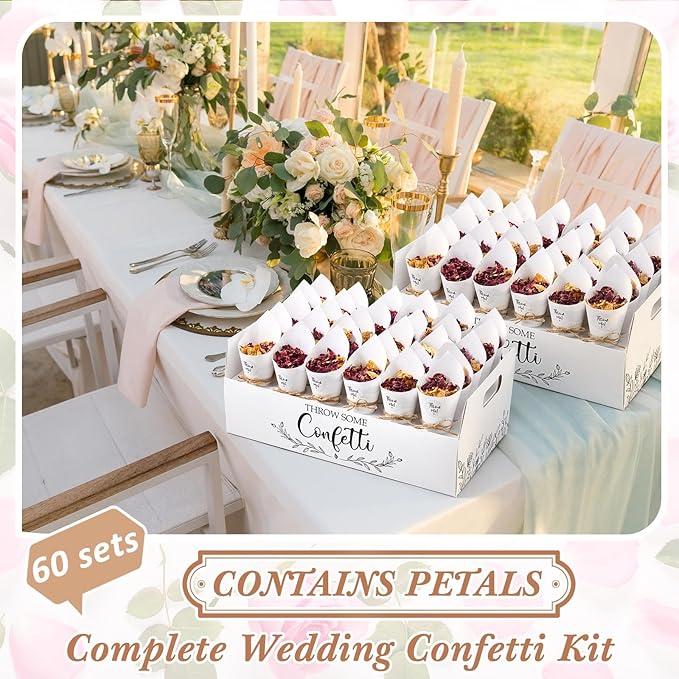 Wedding Confetti Cones Sets with 300g (10.58 Oz) Biodegradable Dried Flowers White Petal - 60 Paper Cones, Tray & Stickers for Bridal Shower, Engagement Party, Baby Shower (60 Guests)