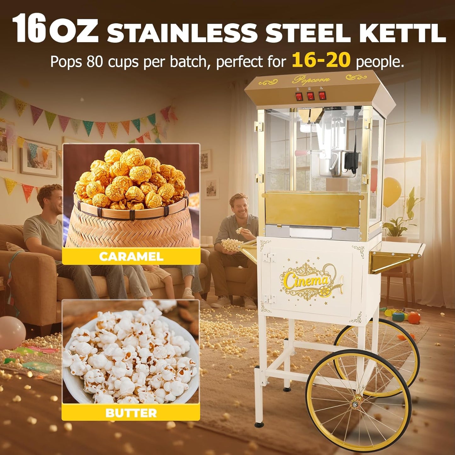 Upgraded 16oz Commercial Popcorn Machine with Cart, Large Popcorn Machine Makes Up to 80 Cups, Movie Theater Pop Corn Machine with Easy-Rolling wheels & Stainless-Steel Kettle, Beige&Gold