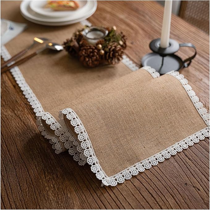 Natural Jute Table Runner, Burlap Style Table Runner, Rustic Farmhouse Table Runner Country Vintage for Wedding, Party Table Decorations, Boho Décor Jute Floral Lace Edge 12x55 inch TAB28