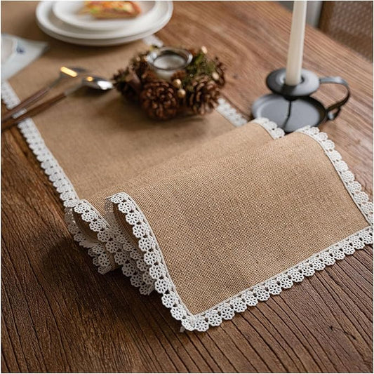 Natural Jute Table Runner, Burlap Style Table Runner, Rustic Farmhouse Table Runner Country Vintage for Wedding, Party Table Decorations, Boho Décor Jute Floral Lace Edge 12x48 inch TAB28