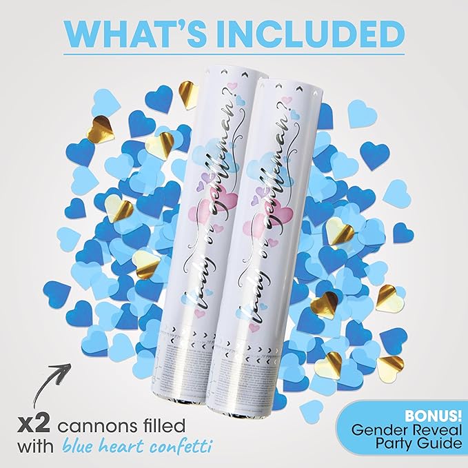 PrimePure Gender Reveal Confetti Cannon - Heart Shaped Confetti Poppers - Blue, 2 Pack - Baby Boy Gender Reveal Party Poppers - Blue Paper Baby Party Supplies Pop Gun