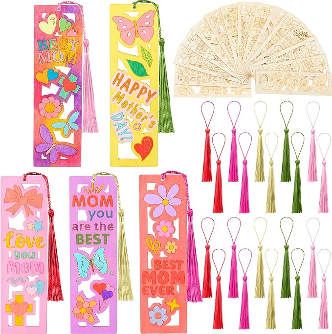 Yexiya 100 Pcs Mother's Day Wooden Bookmark Craft Kit, 50 DIY Paintable Bookmarks with 50 Tassels, Bulk Classroom Gift Set for Mom Grandma from Students