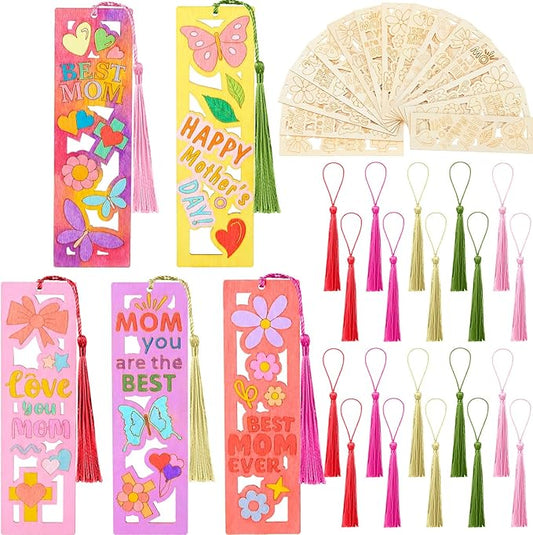 Yexiya 100 Pcs Mother's Day Wooden Bookmark Craft Kit, 50 DIY Paintable Bookmarks with 50 Tassels, Bulk Classroom Gift Set for Mom Grandma from Students
