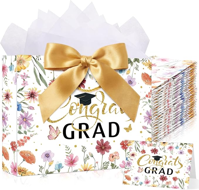 Maitys 12 Pack 13" Large 2026 Graduation Gift Bags Bulk with Handle, Tissue Papers, Cards, Ribbons Class of 2026 Congrats Grad Wildflower Paper Wrapping Bag for College Graduation Party Supplies