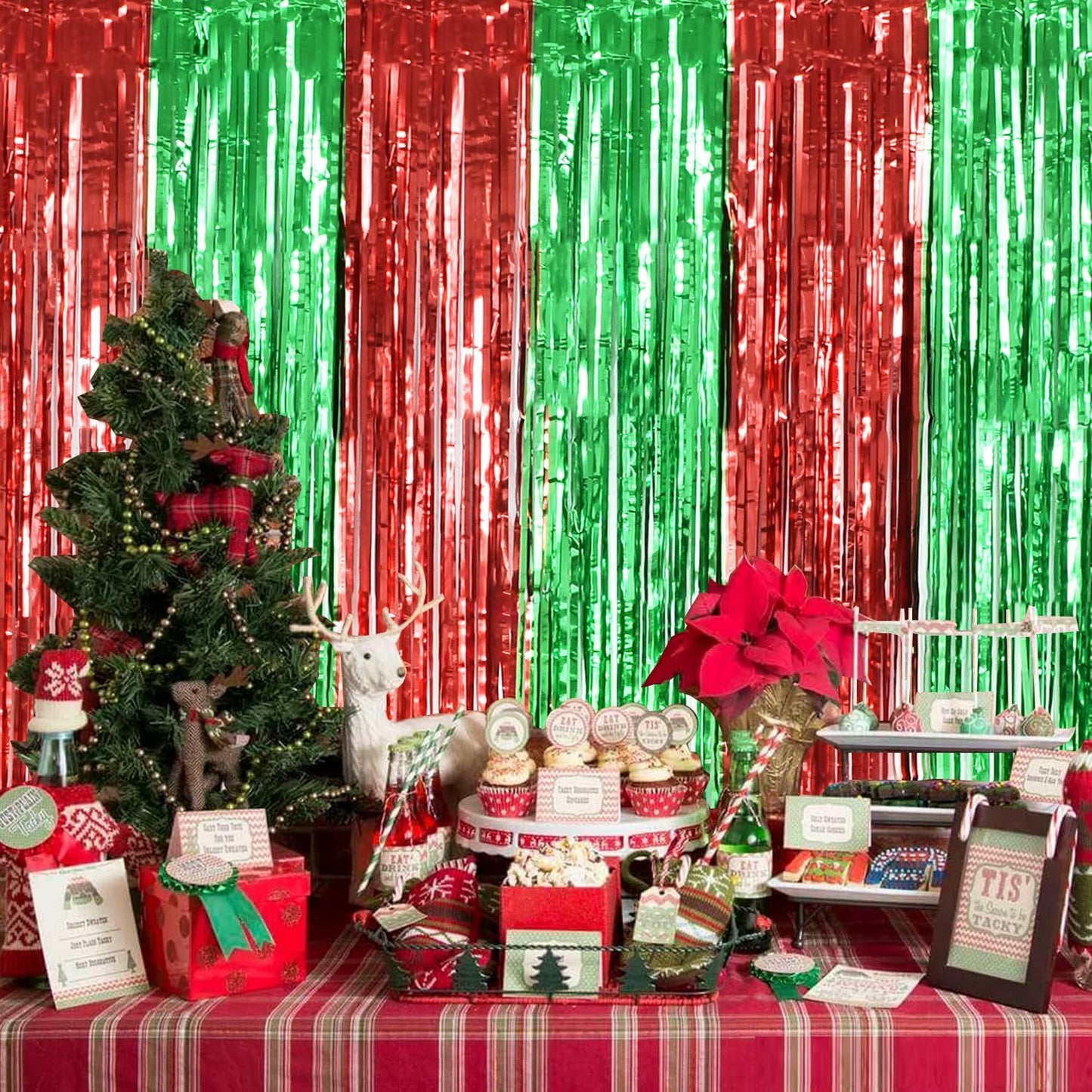 TONIFUL 3Pcs Red Green Door Streamers,Red GreenPhoto Booth Backdrop Metallic Streamers Foil Fringe Curtains for Birthday,Christmas,New Year,Bachelorette,Grad Party Streamers Decor(9.9ft x 6.6ft)