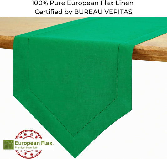 D'Moksha Homes Kelly Green Linen Table Runner 90 Inches Long - 100% Pure Linen Diamond Table Runner 14 x 90 Inch for Dining, Fall and Halloween - Machine Washable