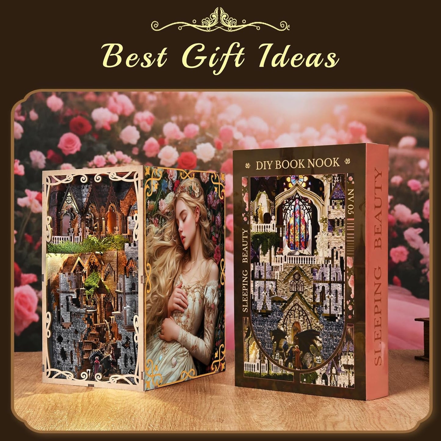 DIY Book Nook Kit for Adults, 3D Wooden Puzzle Bookend Bookshelf Insert Decor with LED Light and Dust Cover (Sleeping Beauty)