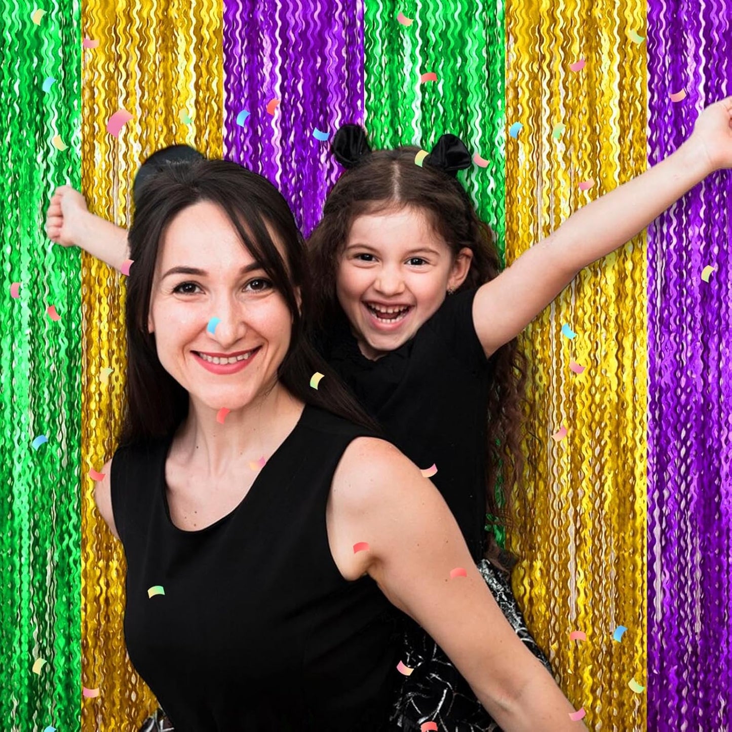 4 Pack Gold Green Purple Fringe Curtain Backdrop 3.2Ft x 8.2Ft Metallic Tinsel Foil Fringe Streamers Background for Photo Booth Mother's Day, Easter, Carnival, Birthday, Wedding Party Decoration