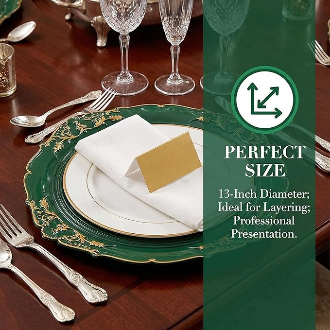 Green Charger Plates, 13 Inch Embossed Chargers for Dinner Plates. Plastic Charger for Wedding, Party. (Set of 6)