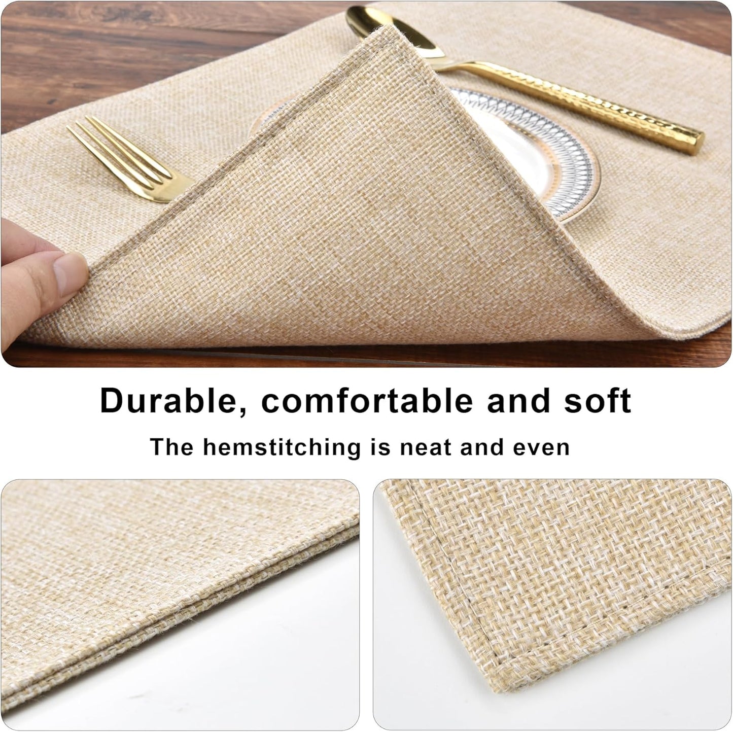 SLKQG Linen-Look Placemats Set of 8, Heat Resistant & Machine Washable Double-Layered Cloth Placemats for Dining Table, Indoor/Outdoor Use, Wrinkle-Free and Non-Slip Kitchen Table Mats (8, Beige)
