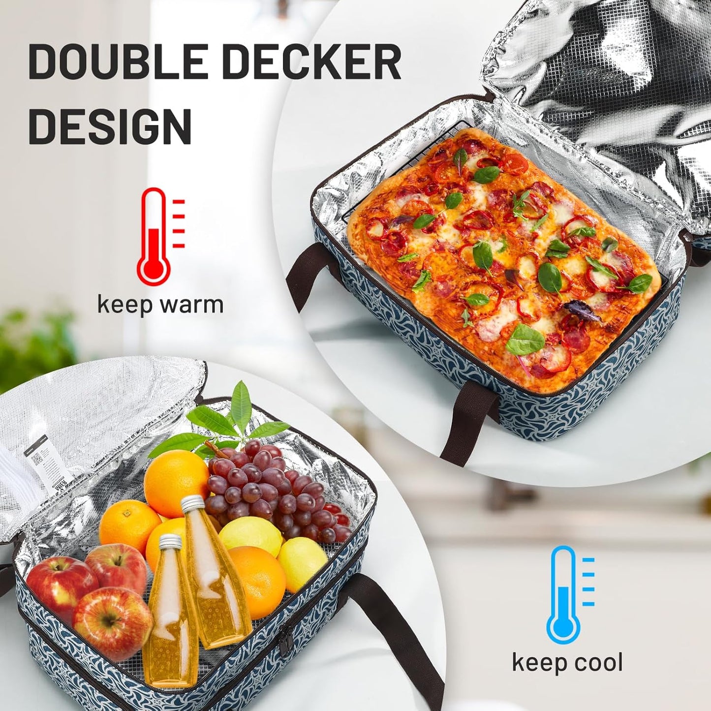 MIER Insulated Casserole Carrier Fits 9"x13" Baking Dishes/Foil Pans, Double Food Carriers Bag Thermal Holder for Hot or Cold Food Lasagna Lugger Potluck Parties Picnic Travel, Deep Blue