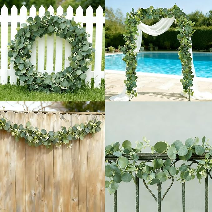 4 Packs 5.74 Ft Artificial Eucalyptus Garland Leaves with Flowers Artificial Fake Greenery Hanging Vines for Wedding Table Home Stairs Decor Decorations Garland for Mantle