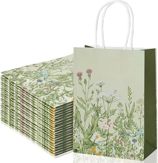 Bolsome 24Pcs Vintage Wildflower Paper Gift Bags Retro Floral Party Favor Bags with Handles Herb Goodie Candy Treat Bags for Wedding Birthday Baby Shower Party Supplies
