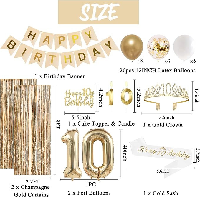 Trgowaul 10th Birthday Decorations for Girls, Banner, Sash and Crown, Cake Topper, 10 Number Balloon, Fringe Curtains, Champagne Gold 10th Birthday Party Supplies
