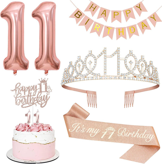 11th Birthday Decorations for Girls, Including 11th Tiara and Sash, Happy Birthday Banner, Cake Toppers, Number Candles and Balloons Set, Rose Gold