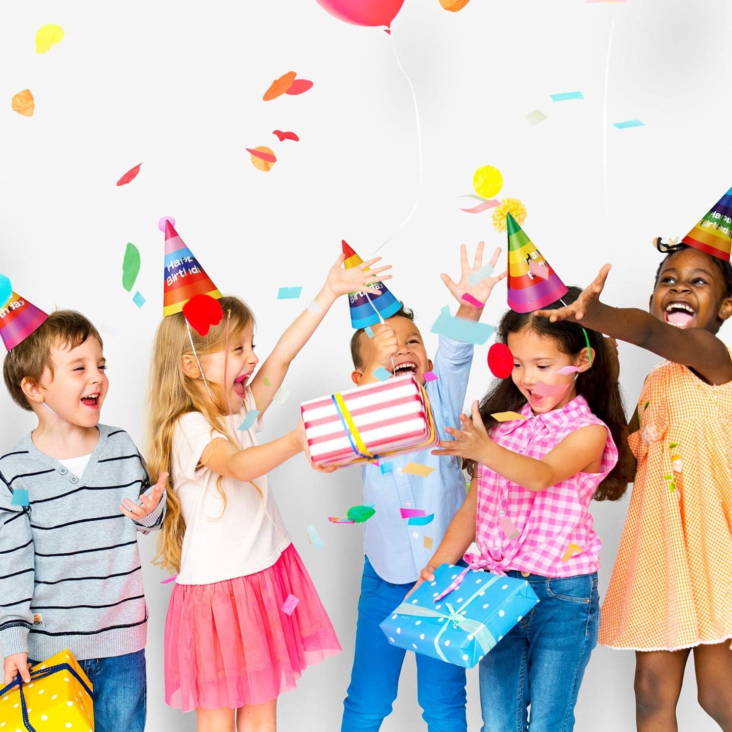 Boao 20 Pcs Rainbow Birthday Party Hats with Happy Birthday Banner Colorful Cone Hats for Adults Kids Toddlers Bulk Party Decorations Supplies
