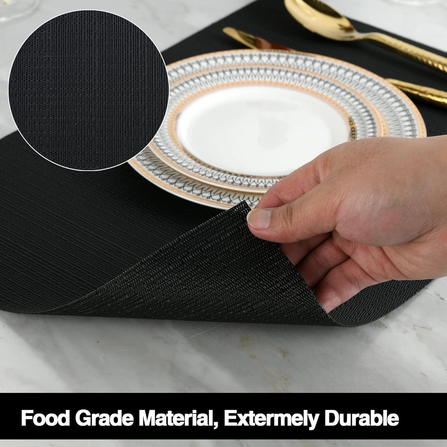 SLKQG Black Placemats Set of 4 - Easy Clean Washable Vinyl Placemats - Wipeable Heat Proof Table Mats for Dining Table - 17x12 Inch (Pure Black, 4)