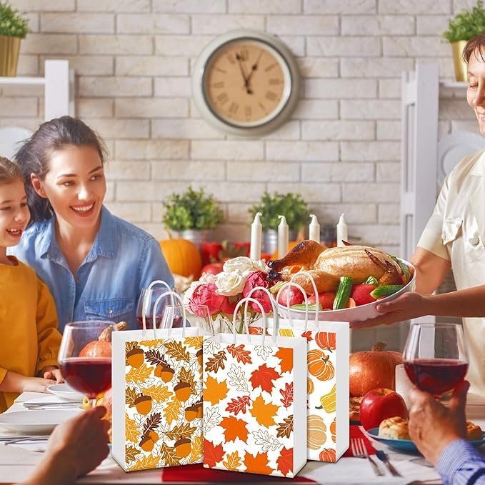 Glenmal 24 Pcs Fall Thanksgiving Gift Goodie Bags Bulk Maple Leaf Pumpkin Kraft Bags with Handles for Thanksgiving Autumn Party Favors Birthday Party Favors Supplies