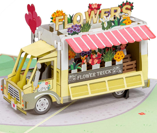 Paper Love Flower Truck 3D Pop Up Card, Gift for Birthday, Wedding, Anniversary, Thank You, Get Well, All Occasion or Just Because - 5" x 7" Cover - Includes Envelope and Note Tag