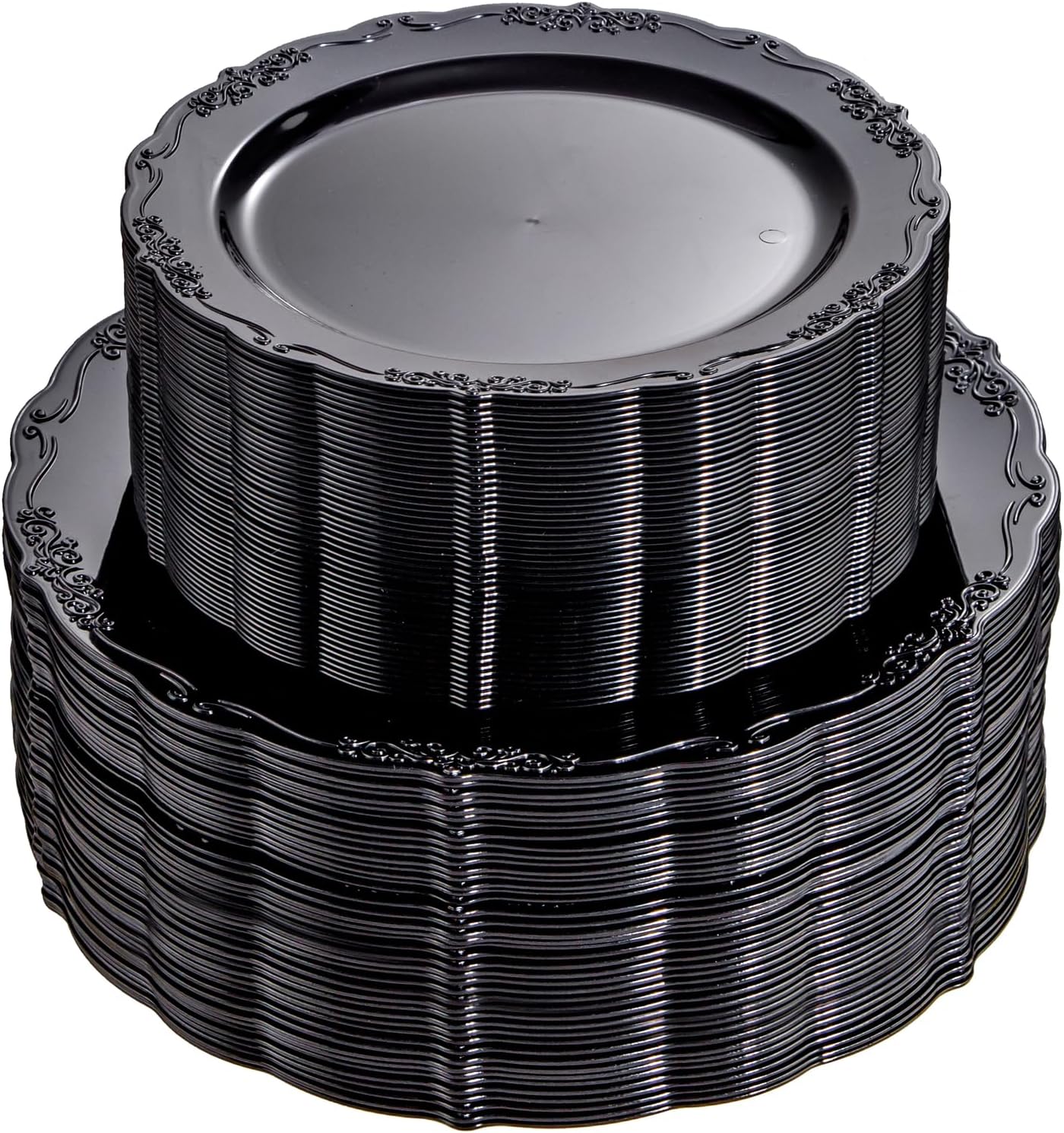 U-QE 100PCS Black Plastic Plates - Heavy Duty Halloween Disposable Plates Including 50PCS 10'' Dinner & 50PCS 7.5'' Dessert Plates - Hard Plastic Plate for Halloween & Party & Wedding