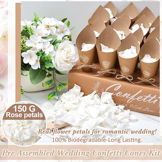 1 Sets Wedding Confetti Cones with 150g (5.29 Oz) Biodegradable Dried Flowers White Petal - 30 Kraft Paper Cones, Tray & Stickers for Wedding, Bridal Shower, Engagement Party, Baby Shower