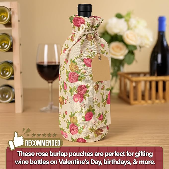 Mandala Crafts 14X6 Inch Rose Burlap Drawstring Gift Bags for Favors - 15 Long Linen Sacks Gift Pouches for Wine Bags