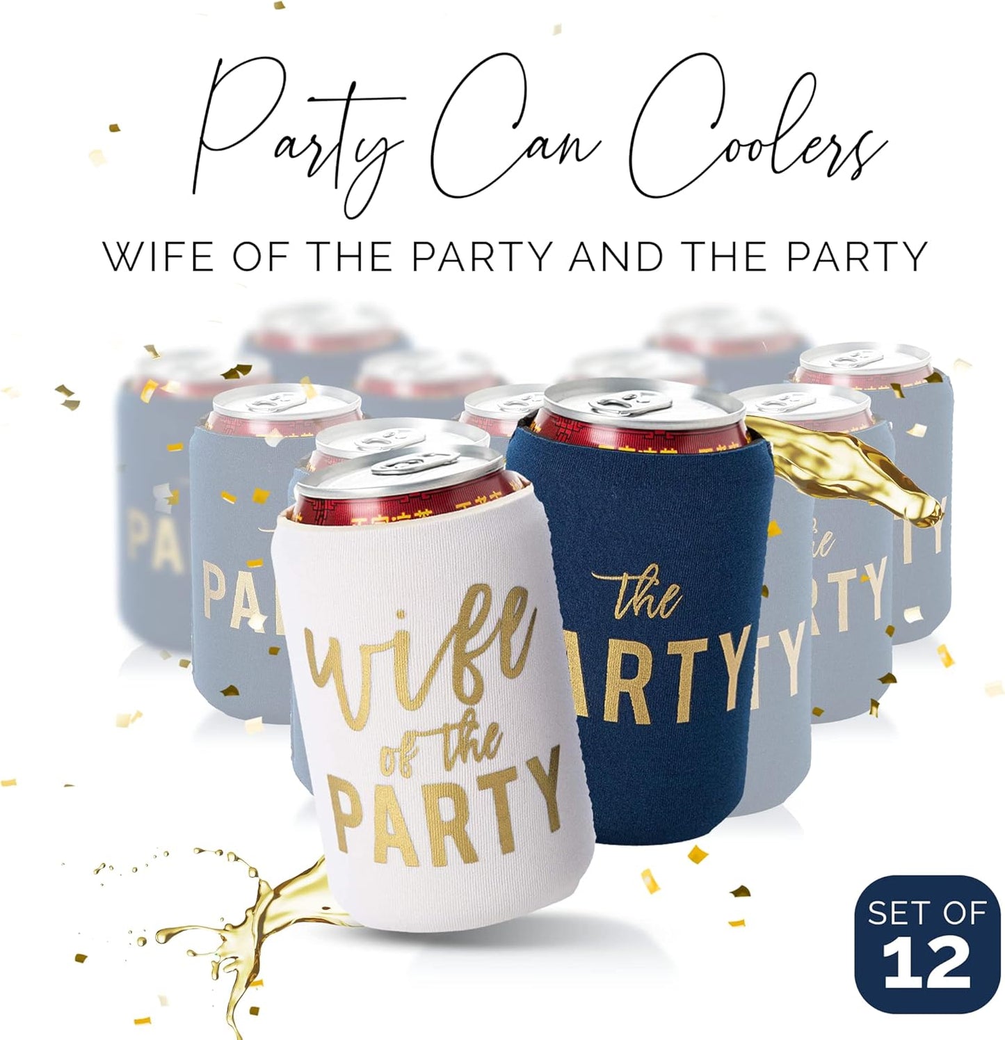 Wife of the Party and The Party Bachelorette Can Coolers - Set of 12, Perfect for Decorations and Bridesmaid Gifts (Navy, Regular)