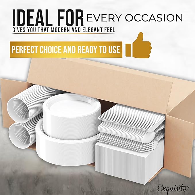 Party Solids 350 Pieces White Plastic Plates For Party, White Disposable Plates Set, 50 Of Each 9" Dinner Plate Set, 7" Dessert Plate, Cups, Napkins & Cutlery Plastic Dinnerware