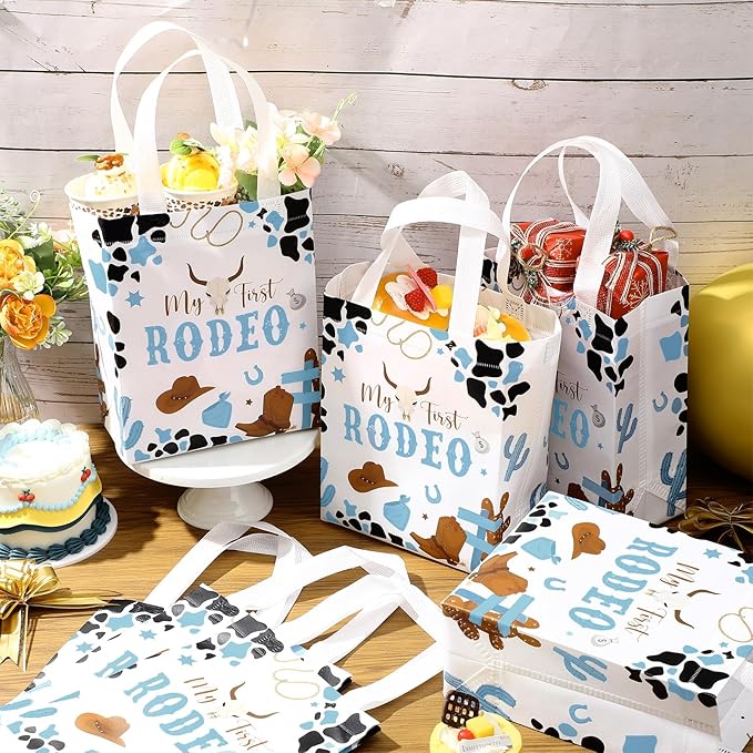 Supervitae 24 Pack My First Rodeo Gift Bags Medium Western Theme Cowboy Party Decoration Supplies Reusable Non Woven Totes for 1st Birthday Rodeo Themed Supplies Favor(9.8" x 7.9" x 3.9")