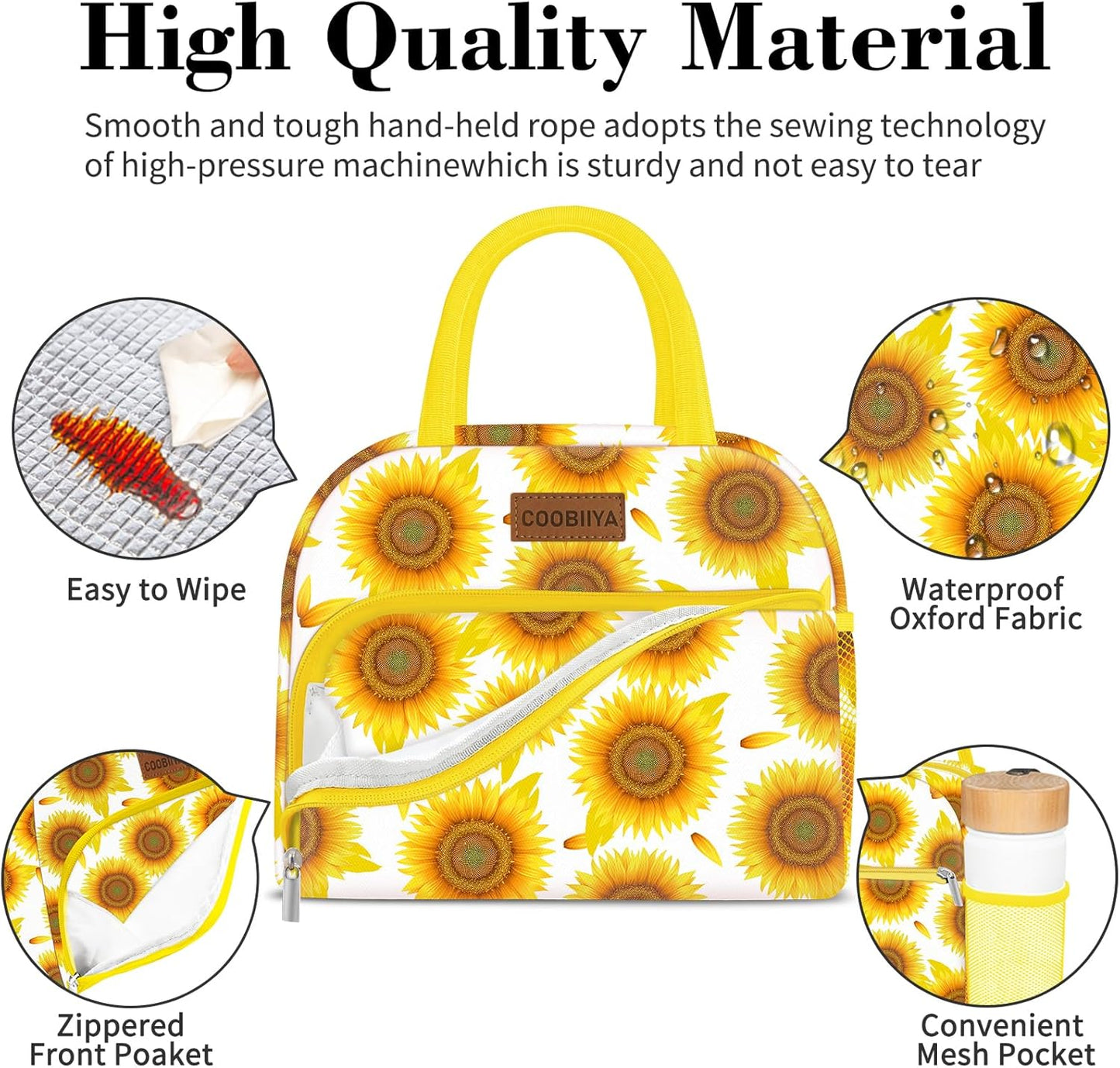 Coobiiya Lunch Bag Women, Lunch Box for Women Adult Men, Small Leakproof Cute Lunch Tote Large Capacity Reusable Insulated Cooler Lunch Container for Work/Office/Picnic/Travel-Sun Flower