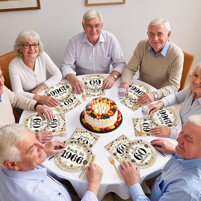 96Pcs 60th Birthday Party Paper Plates and Napkins for Back in 1966 Themed Party Supplies Vintage 60 Year Old Dessert Plates 60th Tableware for Men Women Birthday Gatherings Decorations