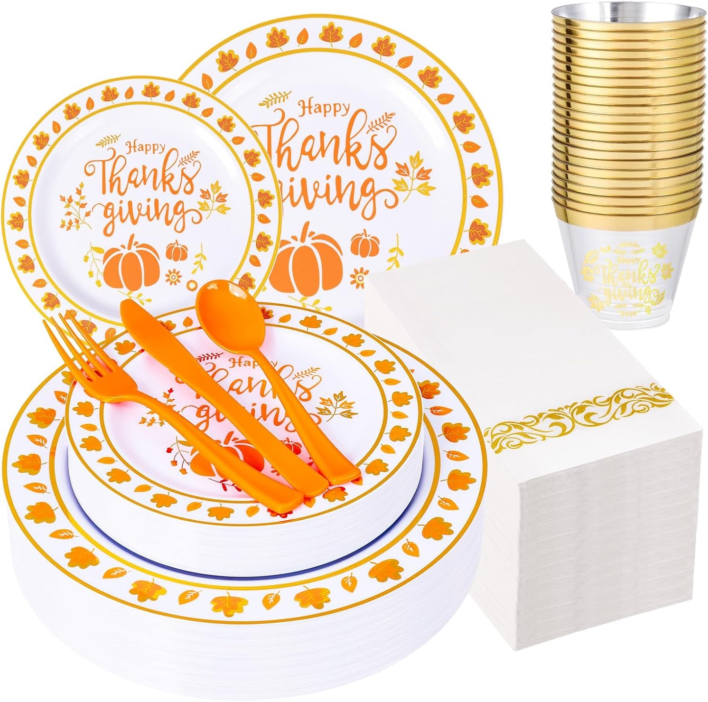 Supernal 175pcs Thanksgiving Dinnerware Set Gold Plastic Dinnerware Set Include Disposable Utensils,Gold Plastic Cups and Napkin,Disposable Dinner Plate and Dessert Plste Set for Thanksgiving