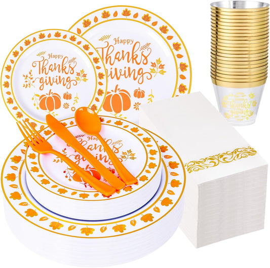 Supernal 175pcs Thanksgiving Dinnerware Set Gold Plastic Dinnerware Set Include Disposable Utensils,Gold Plastic Cups and Napkin,Disposable Dinner Plate and Dessert Plste Set for Thanksgiving