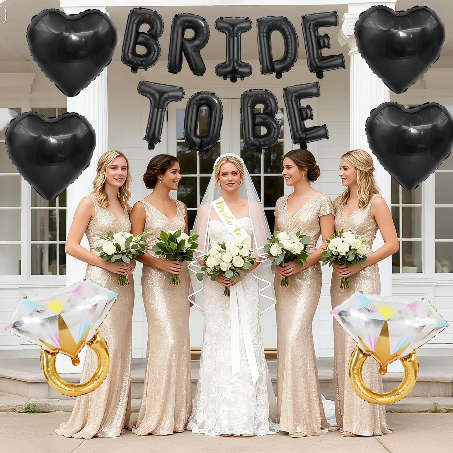 Black Bachelorette Party Decorations, Black Bride to Be Banner Heart Balloons with Diamond Ring Foil Balloon, Gold Bride to Be Sash&Veil for Bachelorette Engagement Gift Bridal Shower Party Supplies