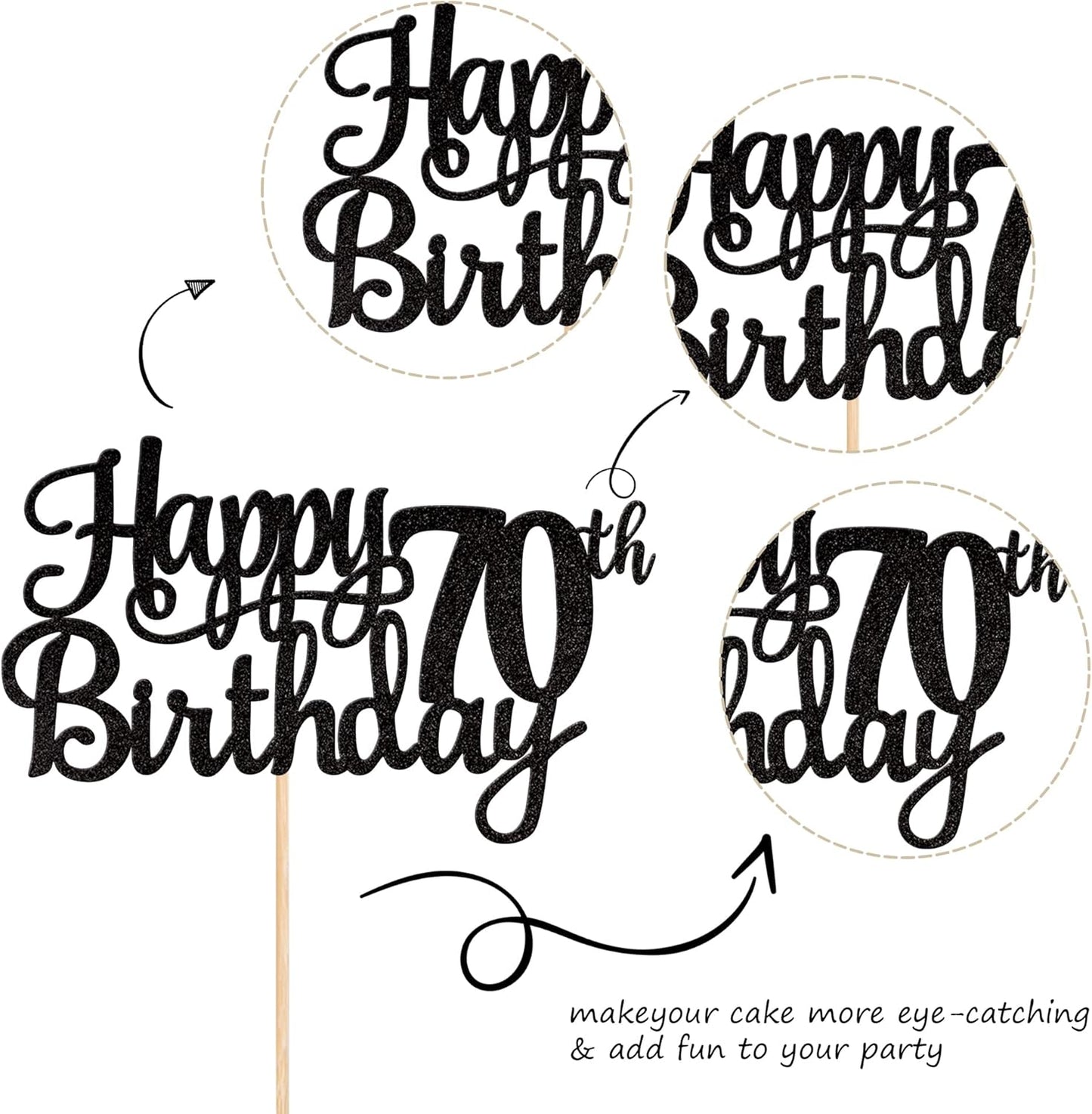 1 PCS Happy 70th Birthday Cake Topper Glitter Cheers to 70 Years Birthday Cake Pick Seventy 70 Fabulous Cake Decoration for Happy 70th Birthday Theme Party Decorations Supplies Black