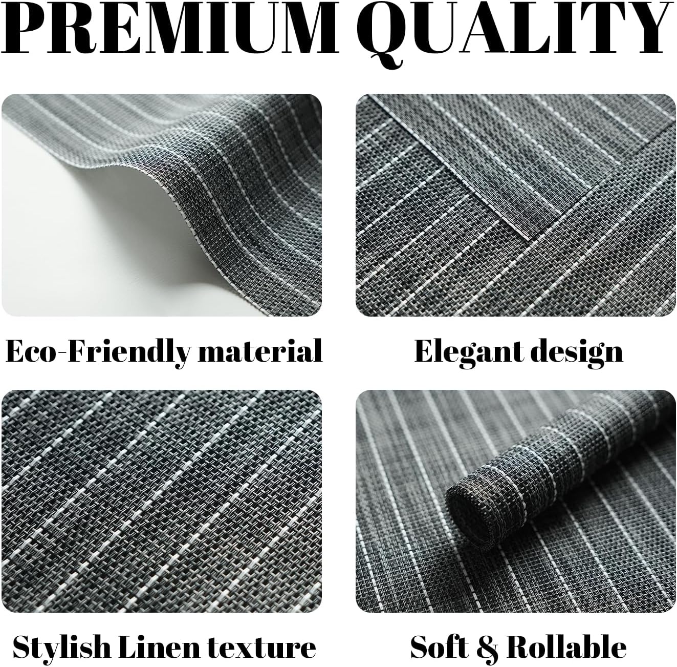 Placemats Set of 12 Vinyl/Plastic Woven Place Mats for Kitchen Table Indoor/Outdoor Washable Placemat Wipeable Dining Table Mats (Black Stripes,12)
