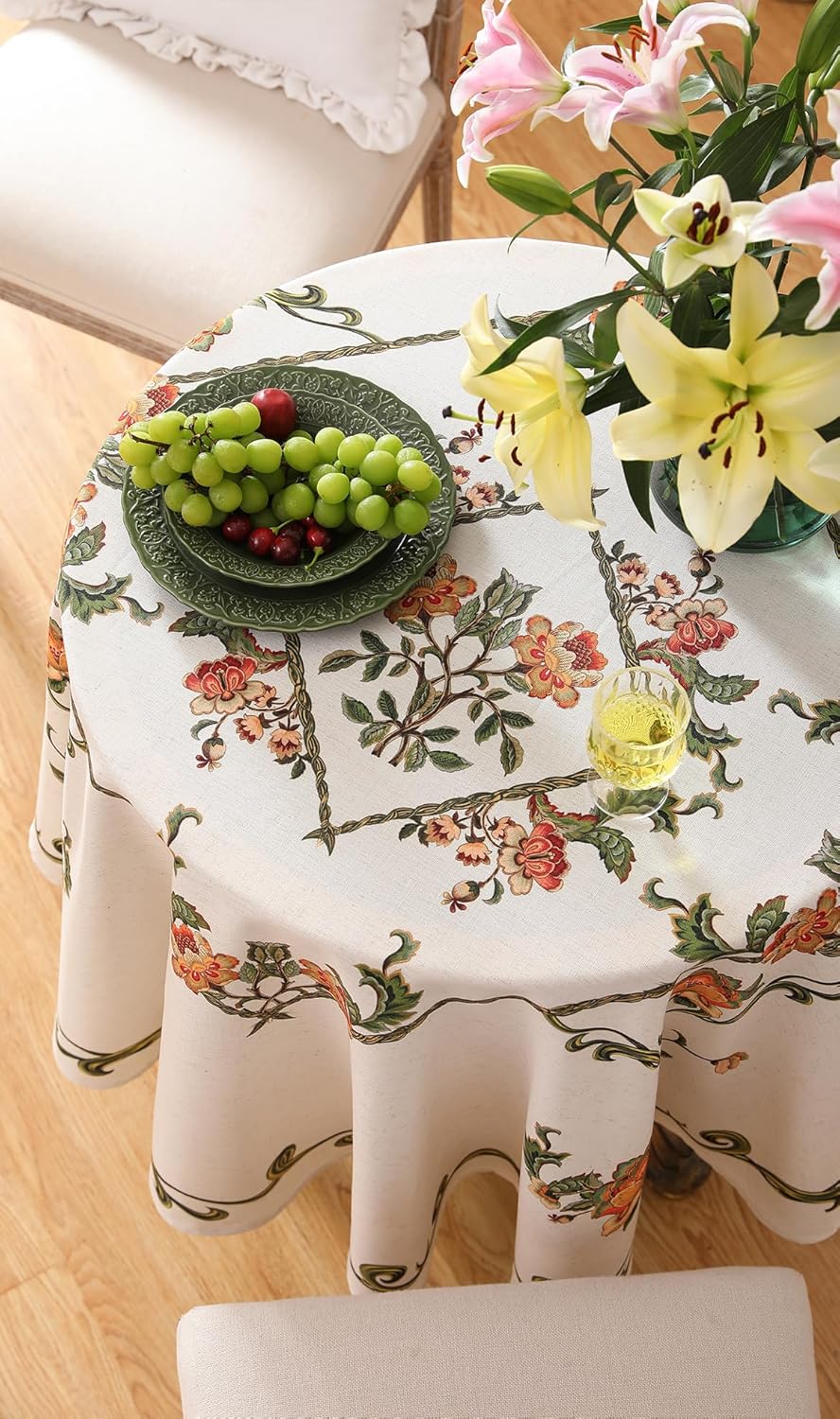 patdrea Designer Linen Round Tablecloth,Vintage French Floral Tablecloths,Wrinkle Free Table Cloth,Decorative Table Cover Cloth for Kitchen,Dining,Tea Party,Home,Christmas,Diameter 67"