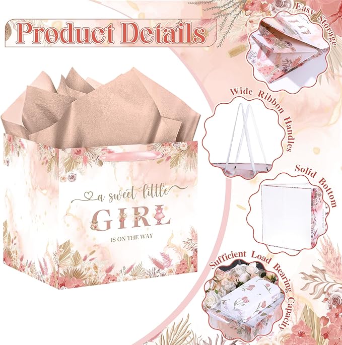 Large Boho Baby Girl Gift Bag, Baby Shower Square Gift Bag Pink Floral Jumbo Gifts Bag with Tissue Paper A Sweet Little Girl is on The Way Wrapping Paper Bag for Baby Shower Gender Reveal Party Favors