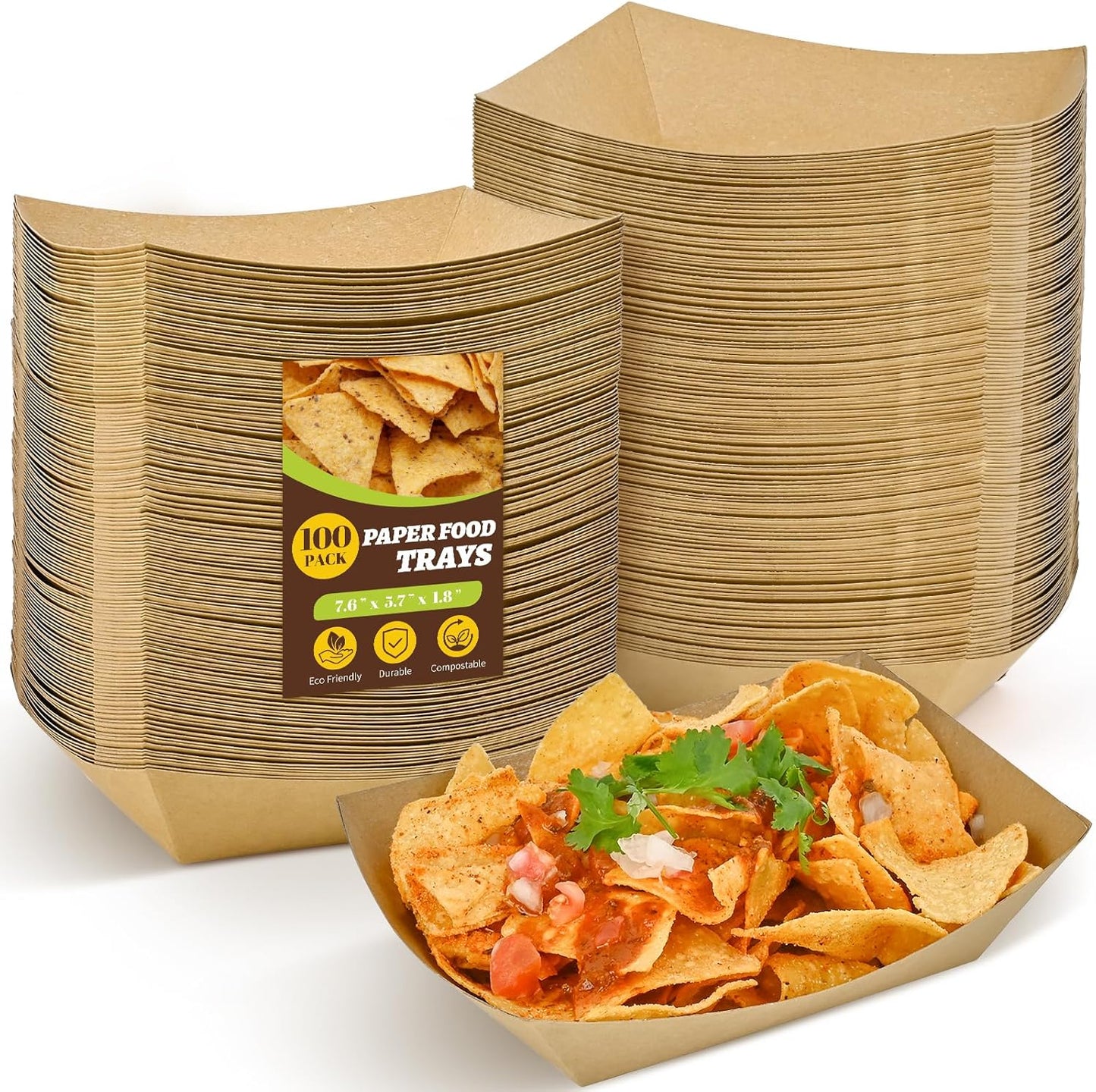 Ocmoiy 3lb Paper Food Trays, 100 Pack Heavy Duty Food Boats Holders Disposable Serving Basket Trays for Nachos, Tacos, Fries, Hot Dog, Corn, BBQ, Festivals, Party