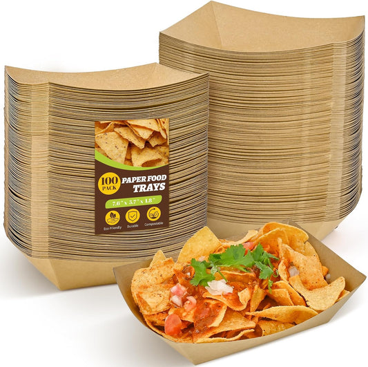 Ocmoiy 3lb Paper Food Trays, 100 Pack Heavy Duty Food Boats Holders Disposable Serving Basket Trays for Nachos, Tacos, Fries, Hot Dog, Corn, BBQ, Festivals, Party
