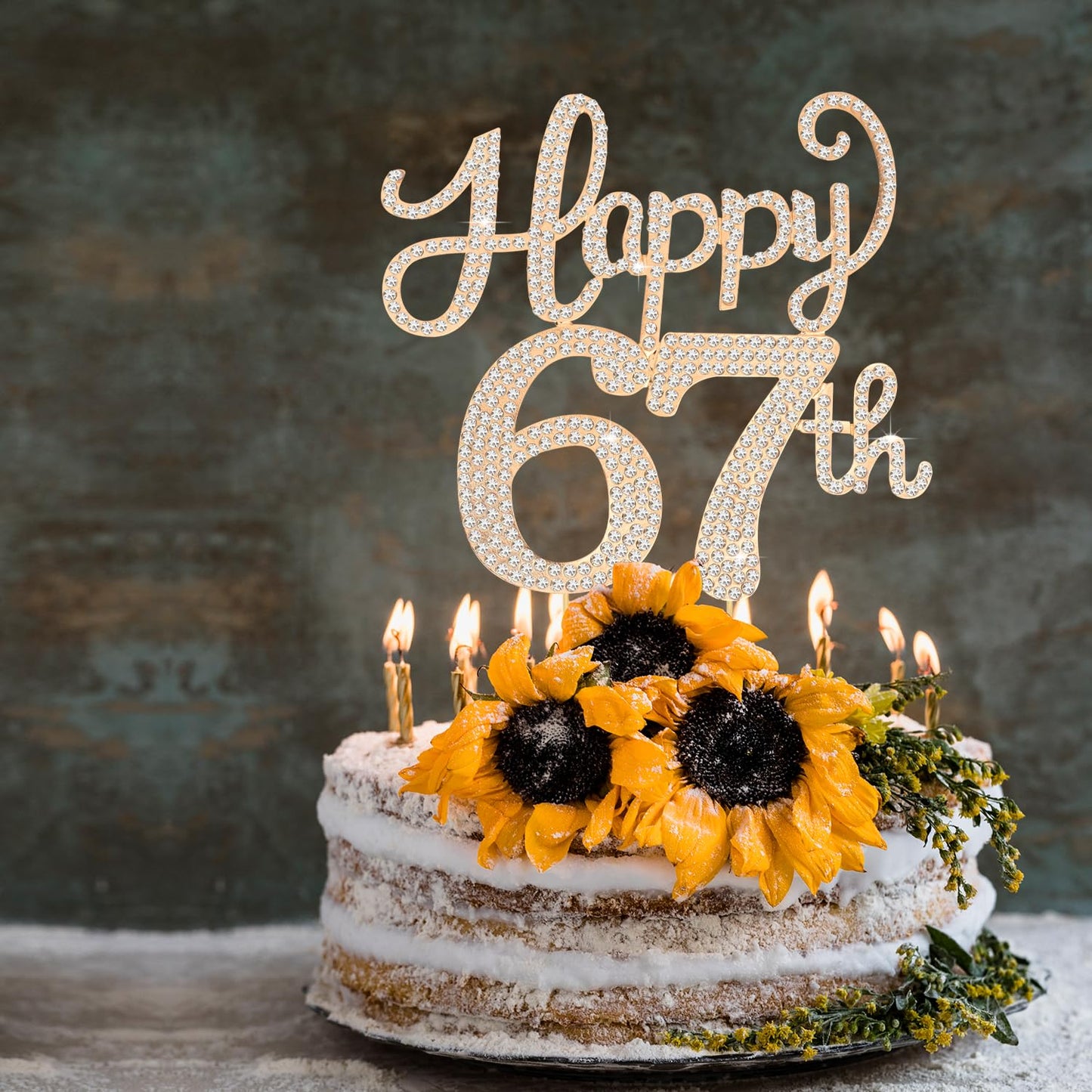 Happy 67th Birthday Decorations,67th Birthday Gold Rhinestone Cake Topper - Cheers to 67 Years Old Bday Party Metal Sparkly Cake Centerpieces Sign.