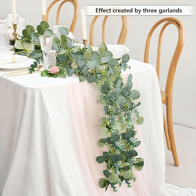 Vlorart 2 Pack Artificial Eucalyptus Garland, 5.5ft Faux Boxwood Eucalyptus Leaves Greenery Garland, Artificial Hanging Vines for Wedding Backdrop Arch Table Wall Home Party Decor
